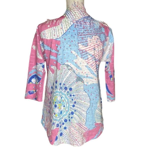 Atelier5 Wm’s Sz Med Pink Blue Flourish Allover Print Fringe Neck Soft Shirt Top - Picture 3 of 3